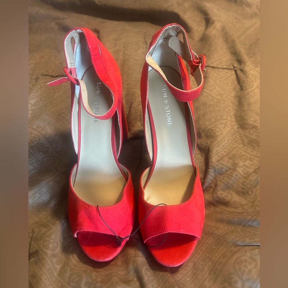 Sun + Stone Women's Red Peep Toe Heels
